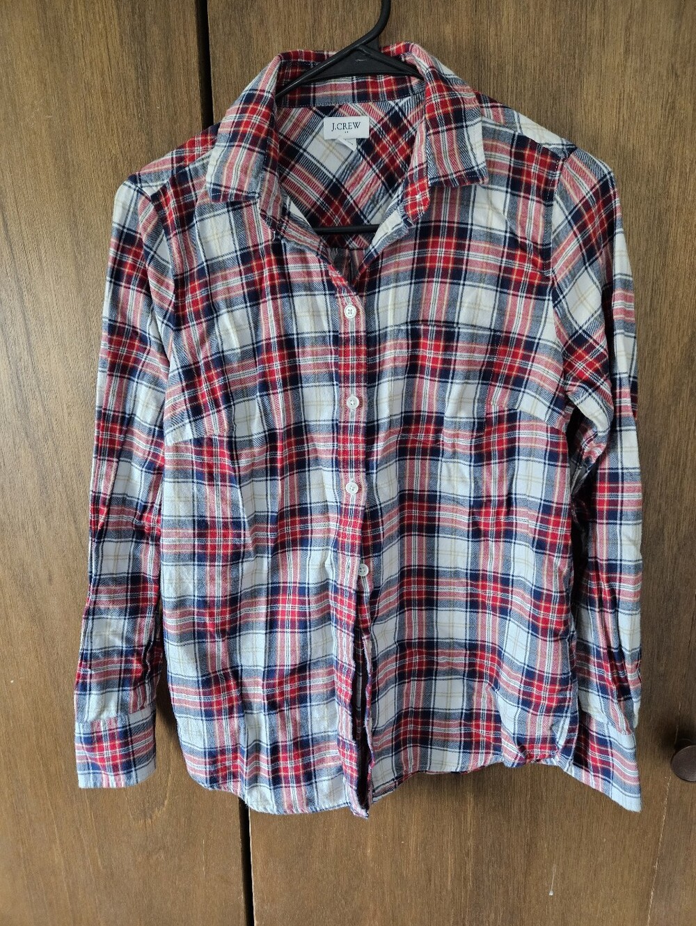 J. Crew Flannel Shirt In Boy Fit Red, White & Navy Plaid Button-Down Shirt - XS